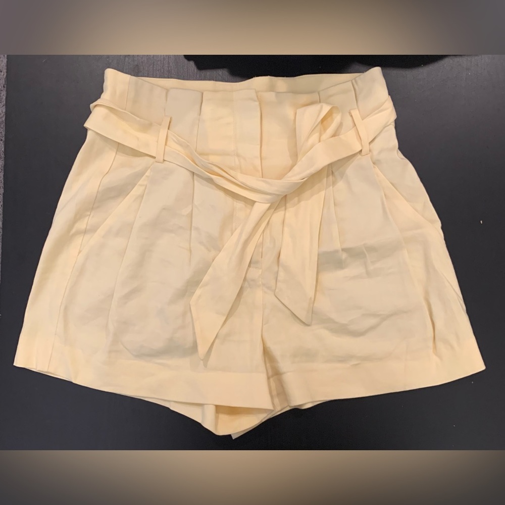 Babaton butter yellow linen high waisted shorts with tie belt